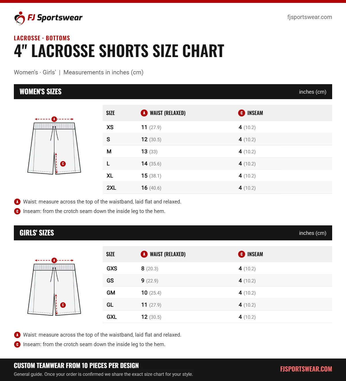 4" Lacrosse Shorts size chart: women’s and girls’ sizes with waist (relaxed) and inseam in inches and cm