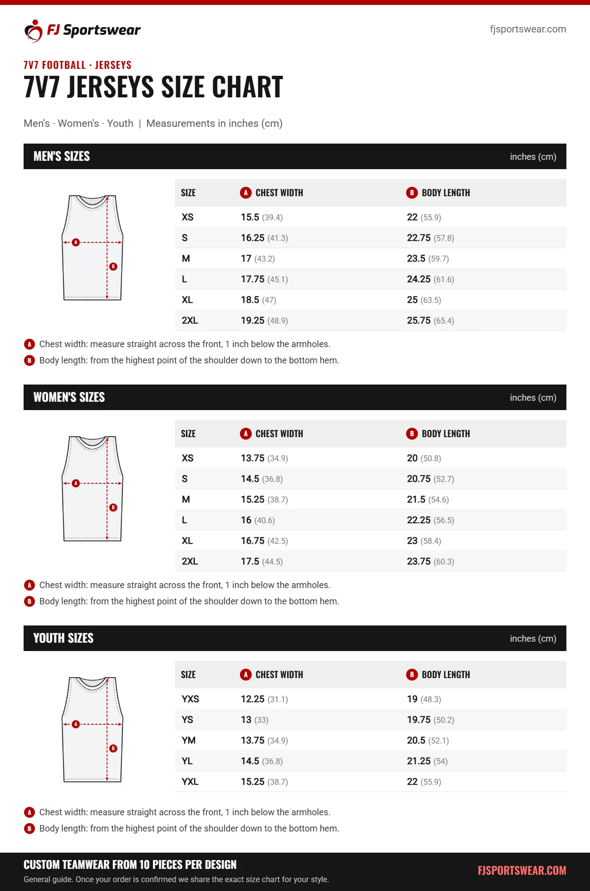 7v7 Jerseys size chart: men’s, women’s and youth sizes with chest width and body length in inches and cm