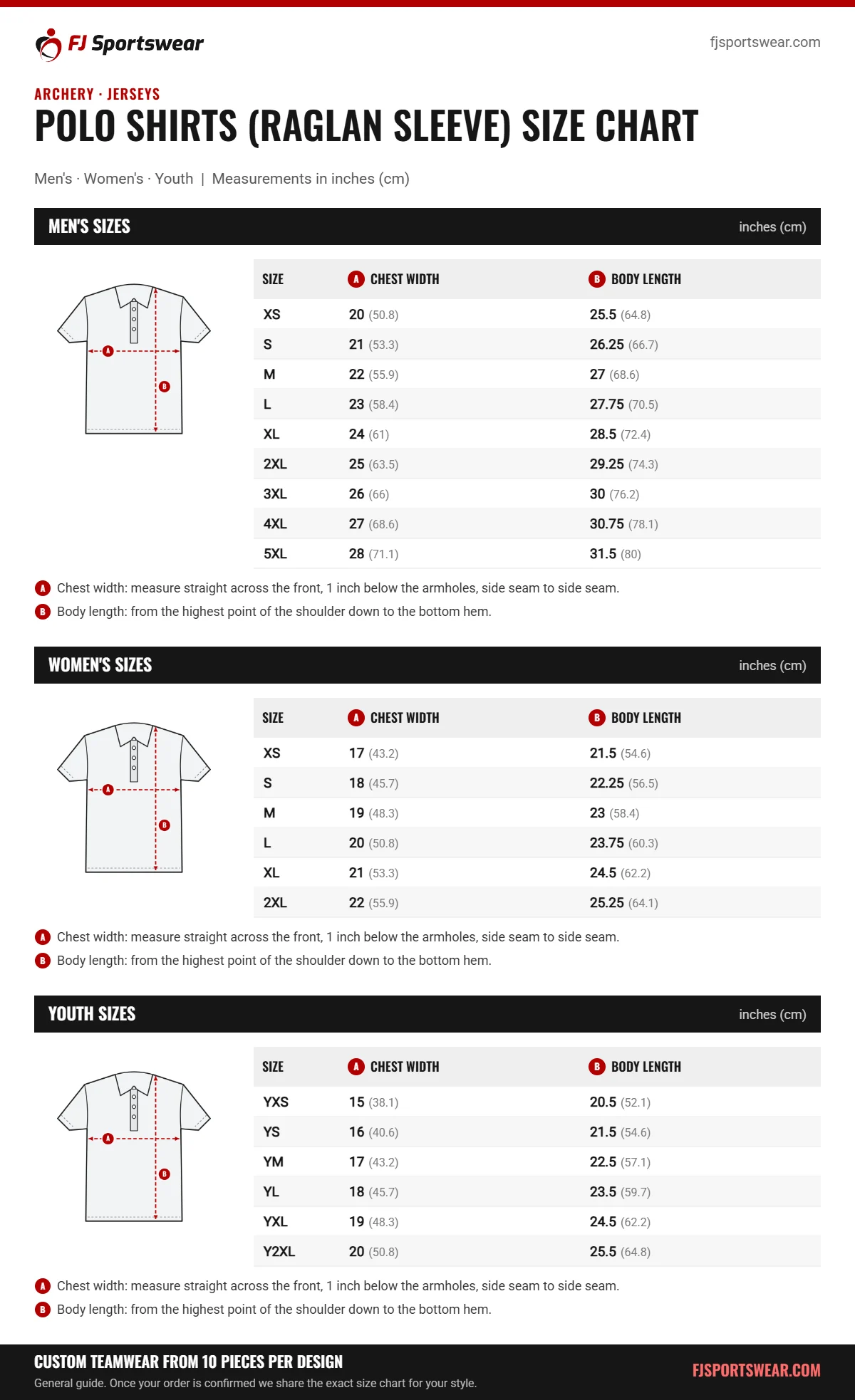 Archery Polo Shirts (Raglan Sleeve) size chart: men’s, women’s and youth sizes with chest width and body length in inches and cm