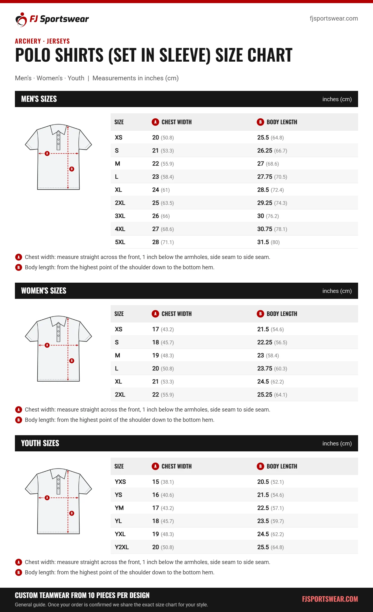 Archery Polo Shirts (Set In Sleeve) size chart: men’s, women’s and youth sizes with chest width and body length in inches and cm