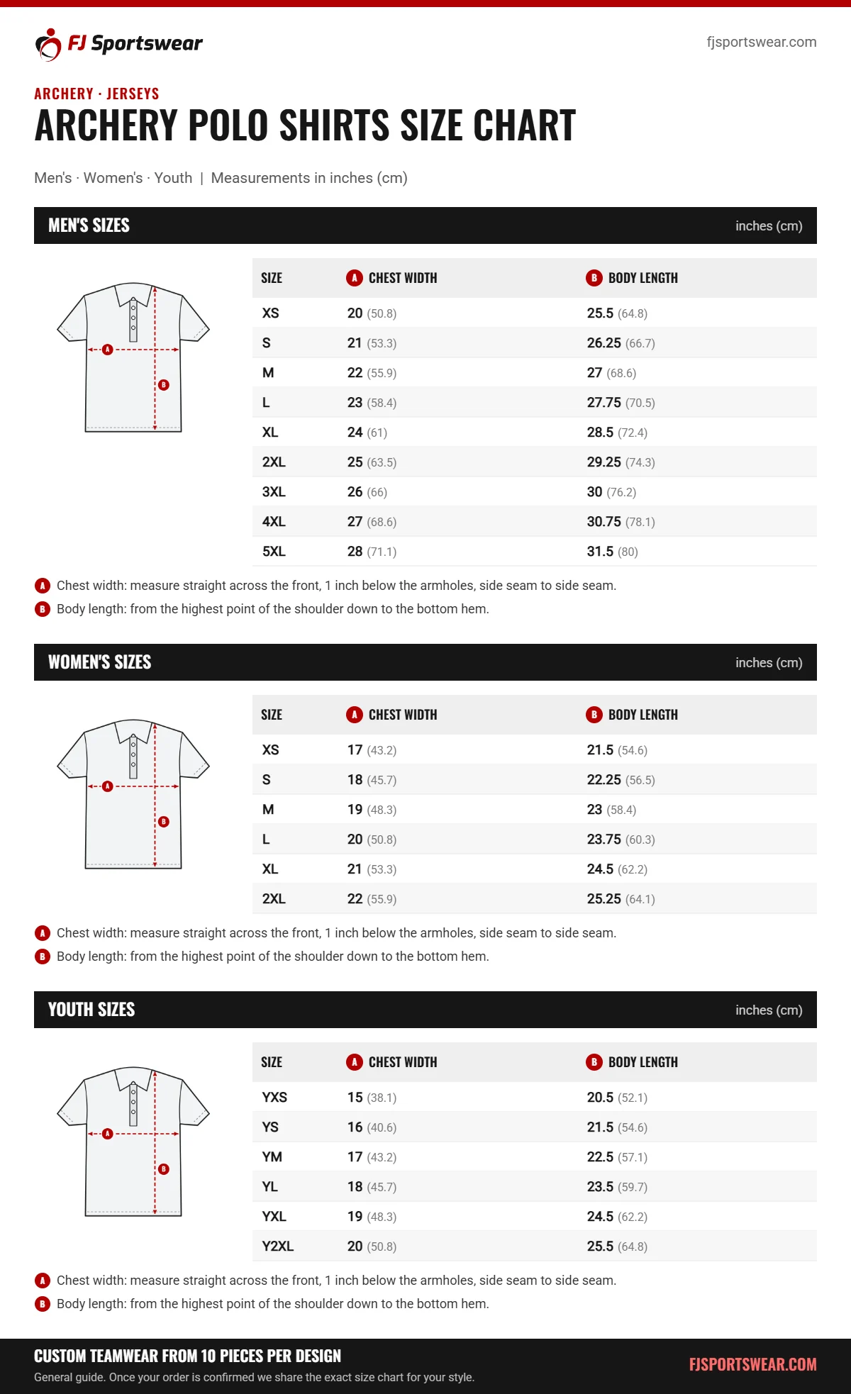 Archery Polo Shirts size chart: men’s, women’s and youth sizes with chest width and body length in inches and cm