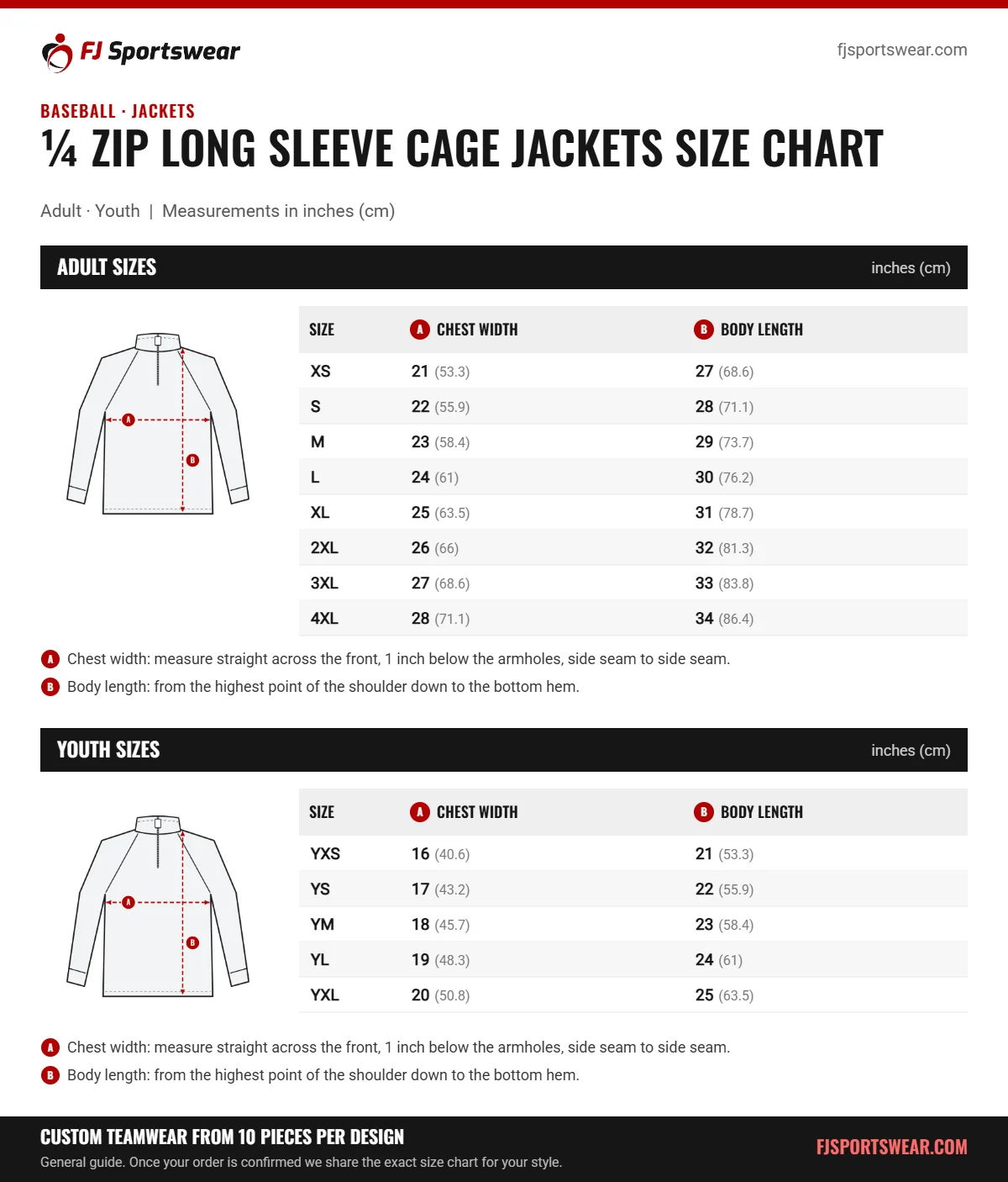 ¼ Zip Long Sleeve Cage Jackets size chart: adult and youth sizes with chest width and body length in inches and cm