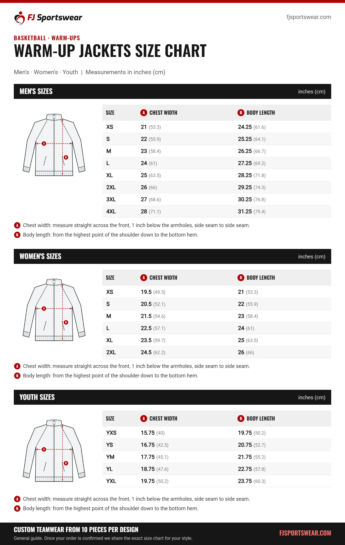 Warm-Up Jackets Size Chart Warm-Up Jackets size chart: men’s, women’s and youth sizes with chest width and body length in inches and cm