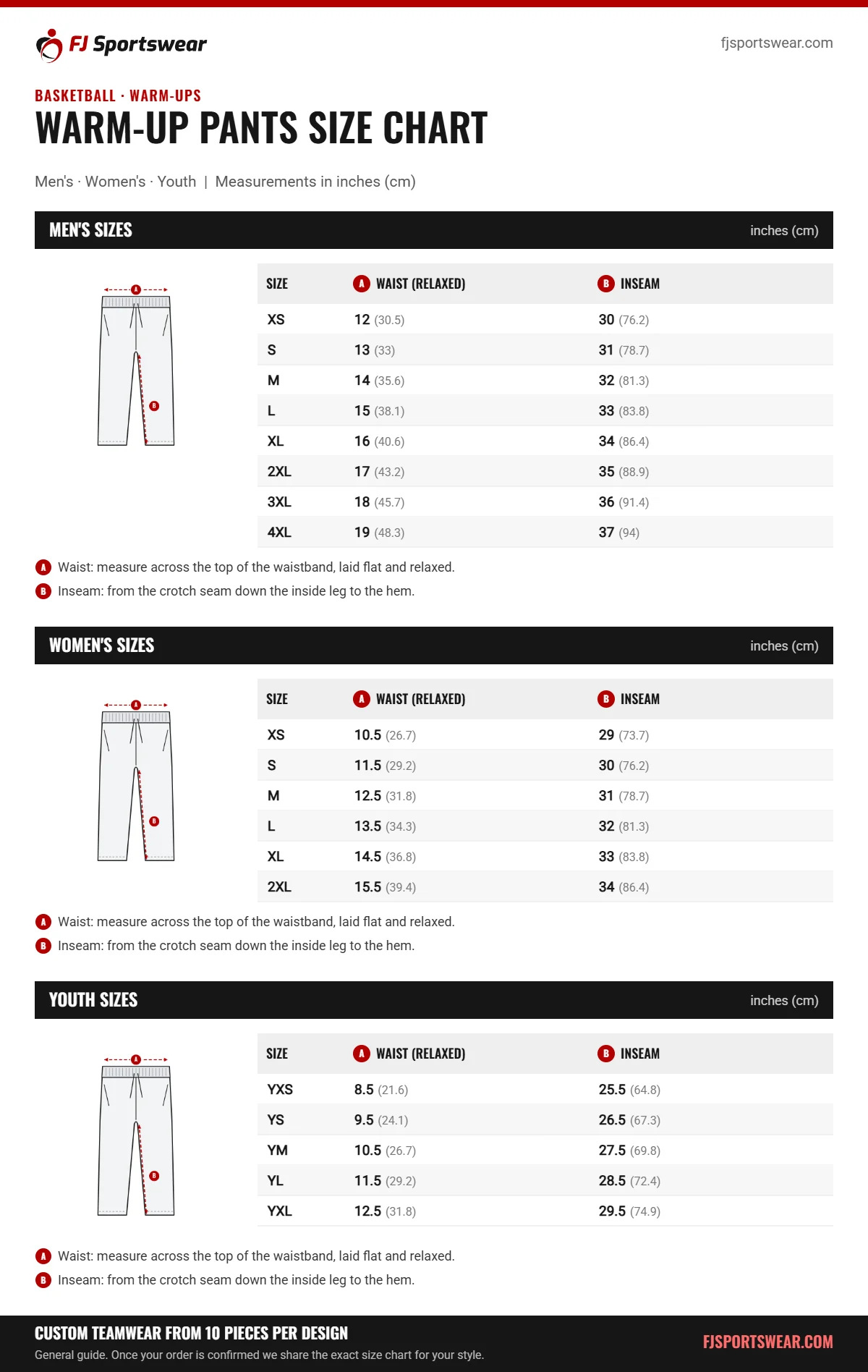 Warm-Up Pants size chart: men’s, women’s and youth sizes with waist (relaxed) and inseam in inches and cm