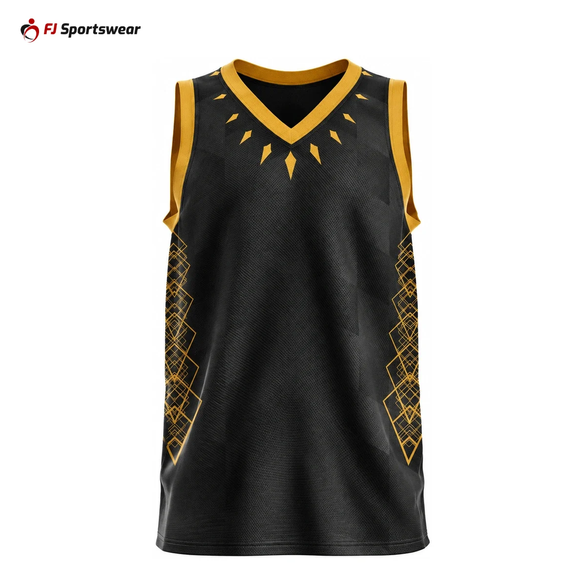 Black and gold basketball jersey – custom made by FJ Sportswear in Sialkot