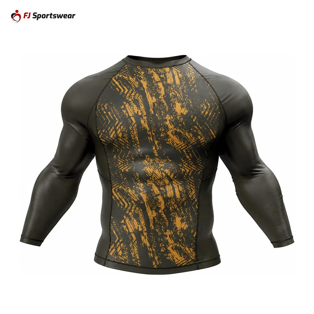 Black and gold long-sleeve BJJ rash guard – custom made by FJ Sportswear in Sialkot