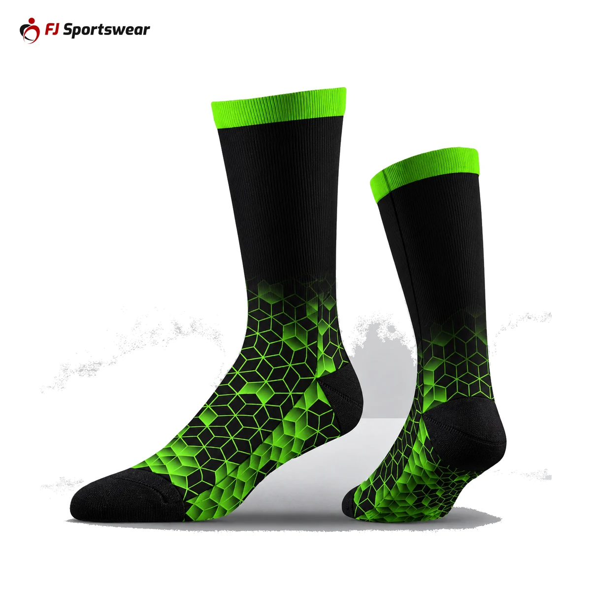 Black and green sublimated crew socks – custom made by FJ Sportswear in Sialkot