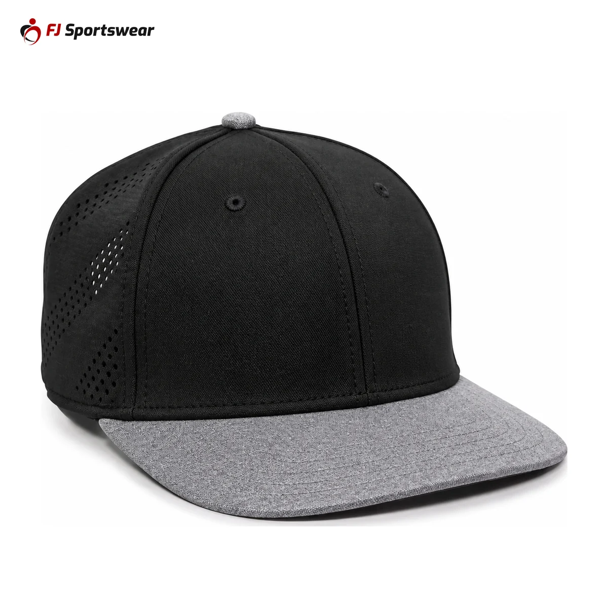 Black and grey premium adjustable baseball hat – custom made by FJ Sportswear in Sialkot
