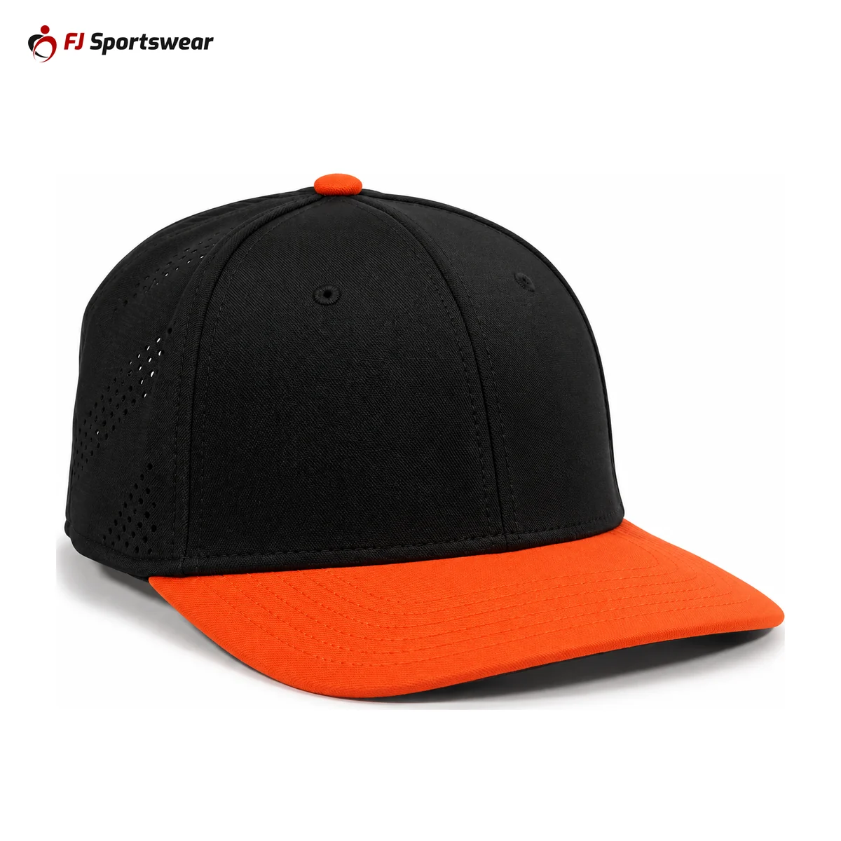 Black and orange premium flex baseball hat – custom made by FJ Sportswear in Sialkot