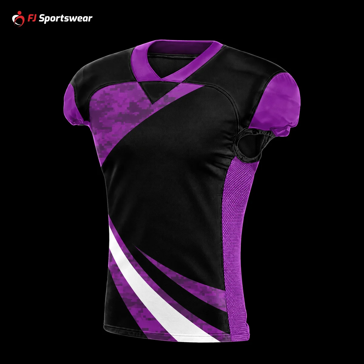 Black and purple collegiate football jersey – custom made by FJ Sportswear in Sialkot