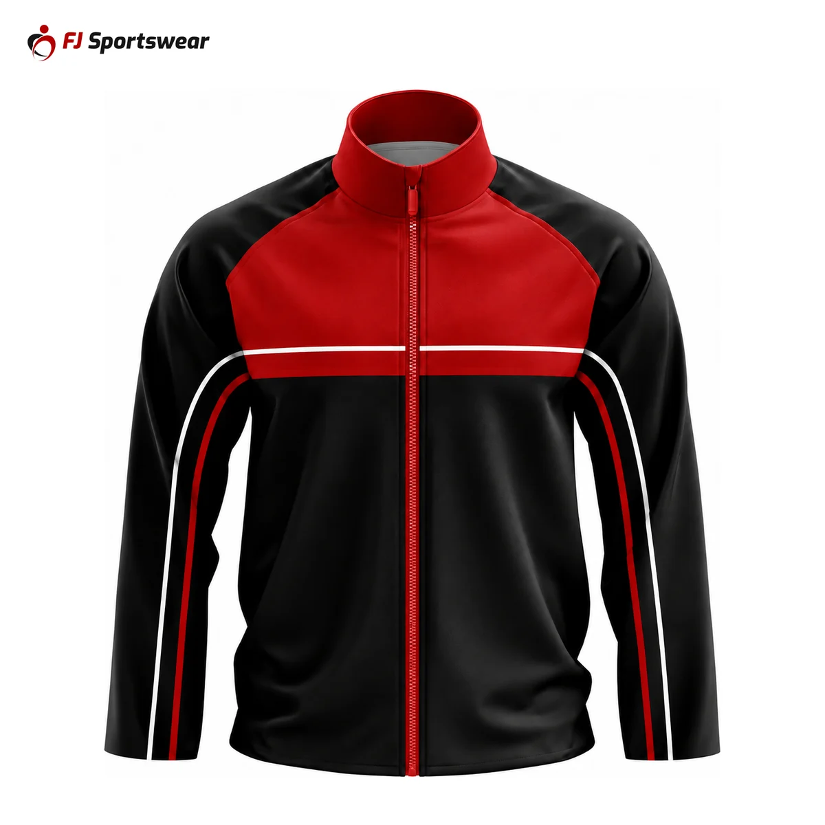 Black and red cuffless warm-up jacket – custom made by FJ Sportswear in Sialkot
