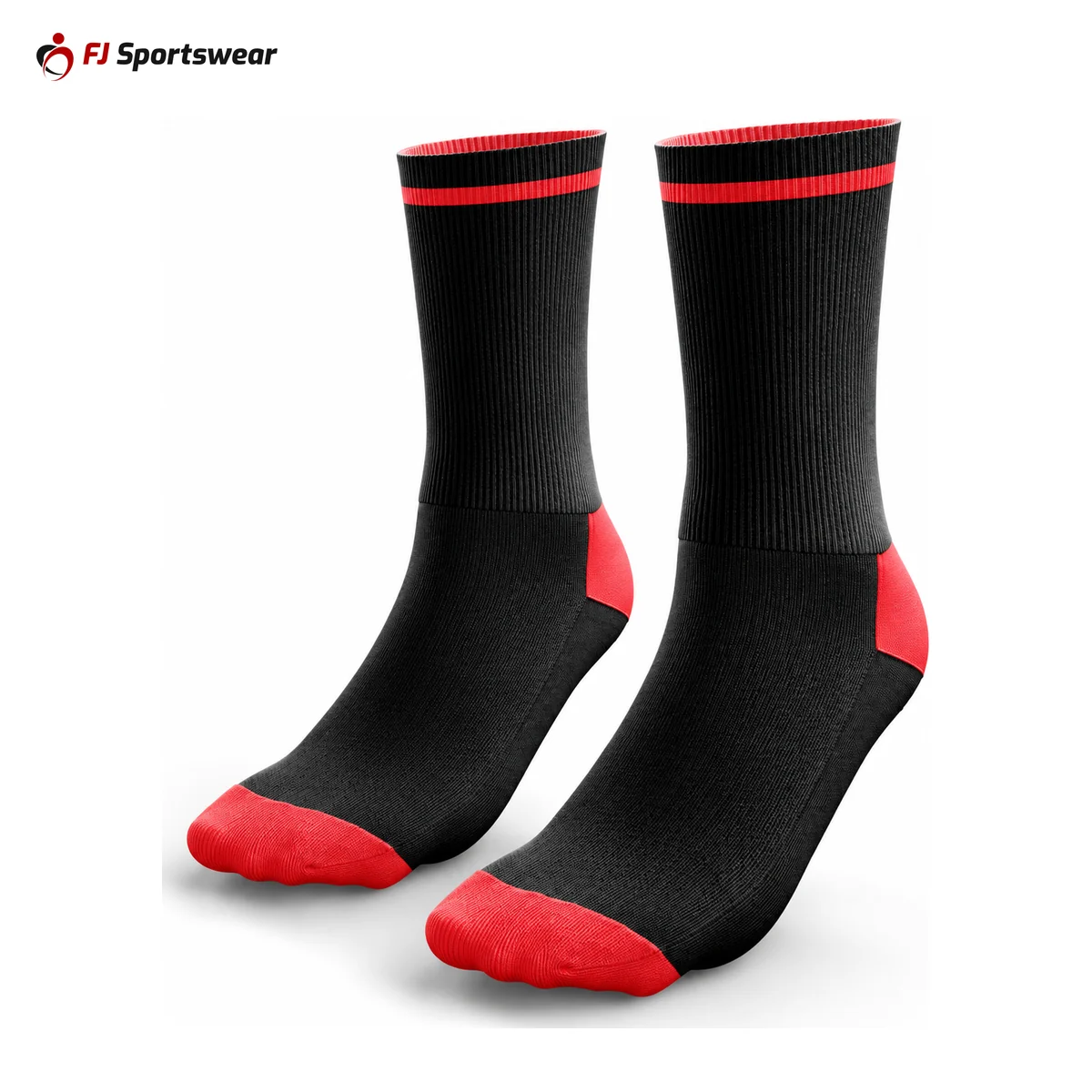 Black and red knitted crew socks – custom made by FJ Sportswear in Sialkot