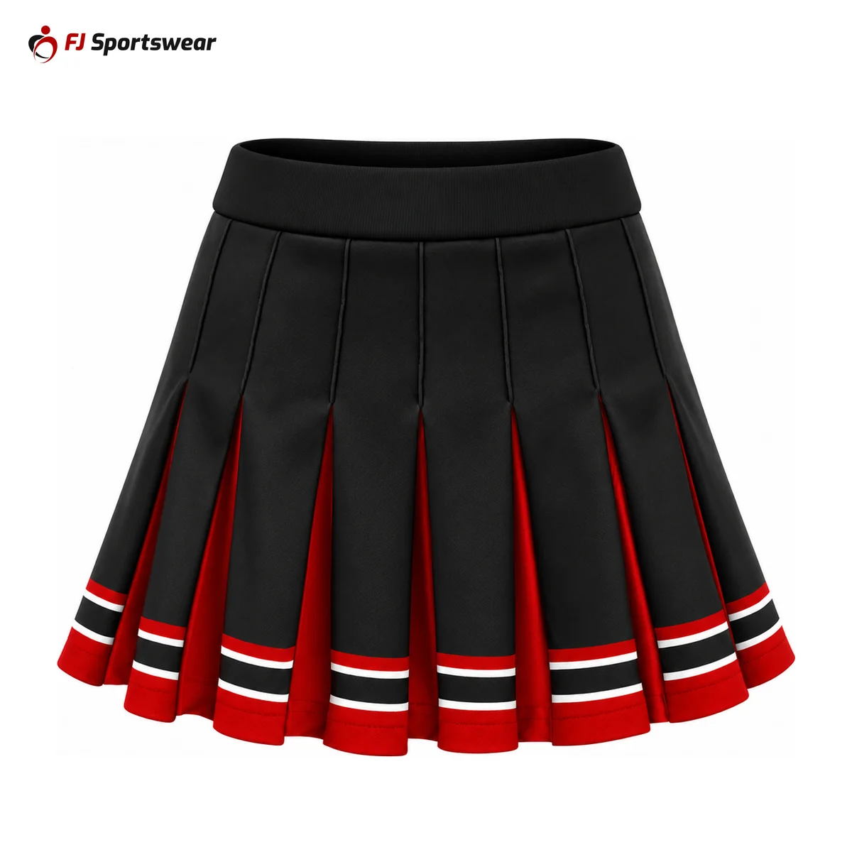 Custom Pleated Cheer Skorts Black and red pleated cheer skort – custom made by FJ Sportswear in Sialkot