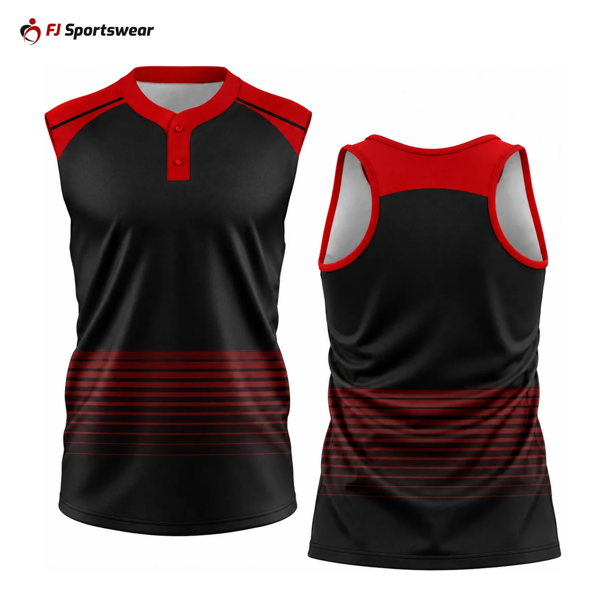 Black and red racerback 2-button baseball jerseys – custom made by FJ Sportswear in Sialkot