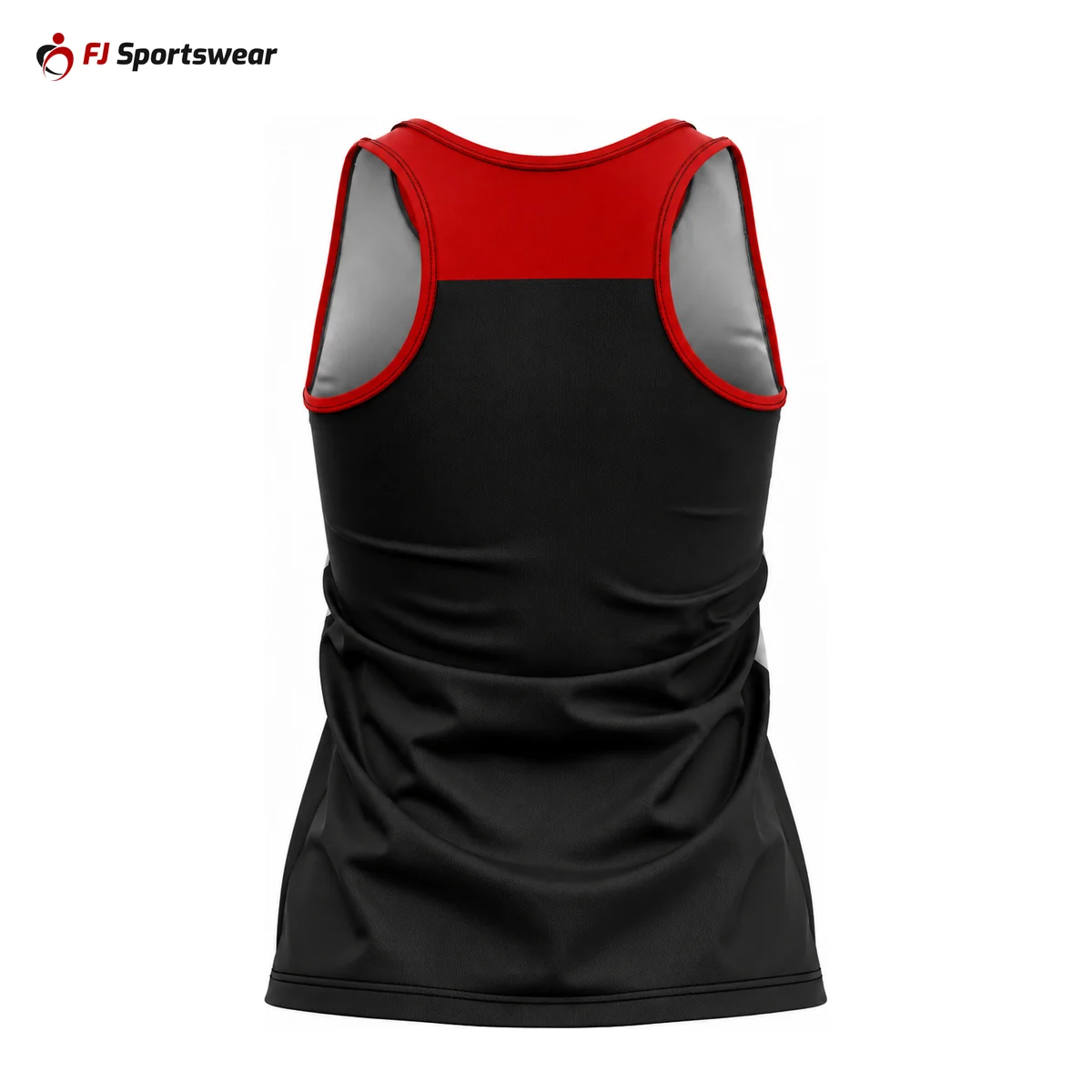 Black and red racerback basketball jersey – custom made by FJ Sportswear in Sialkot