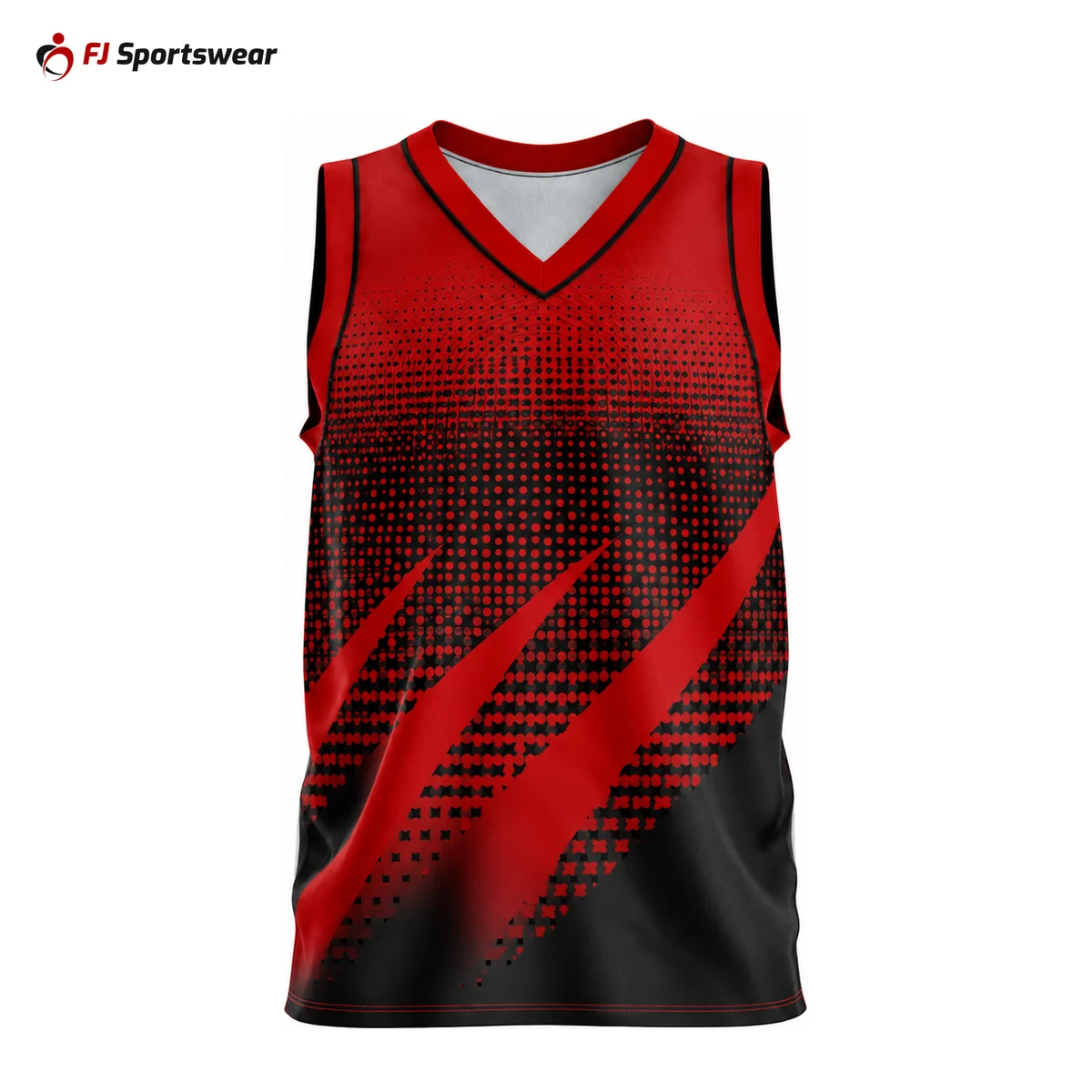 Black and red racerback V-neck volleyball jersey – custom made by FJ Sportswear in Sialkot