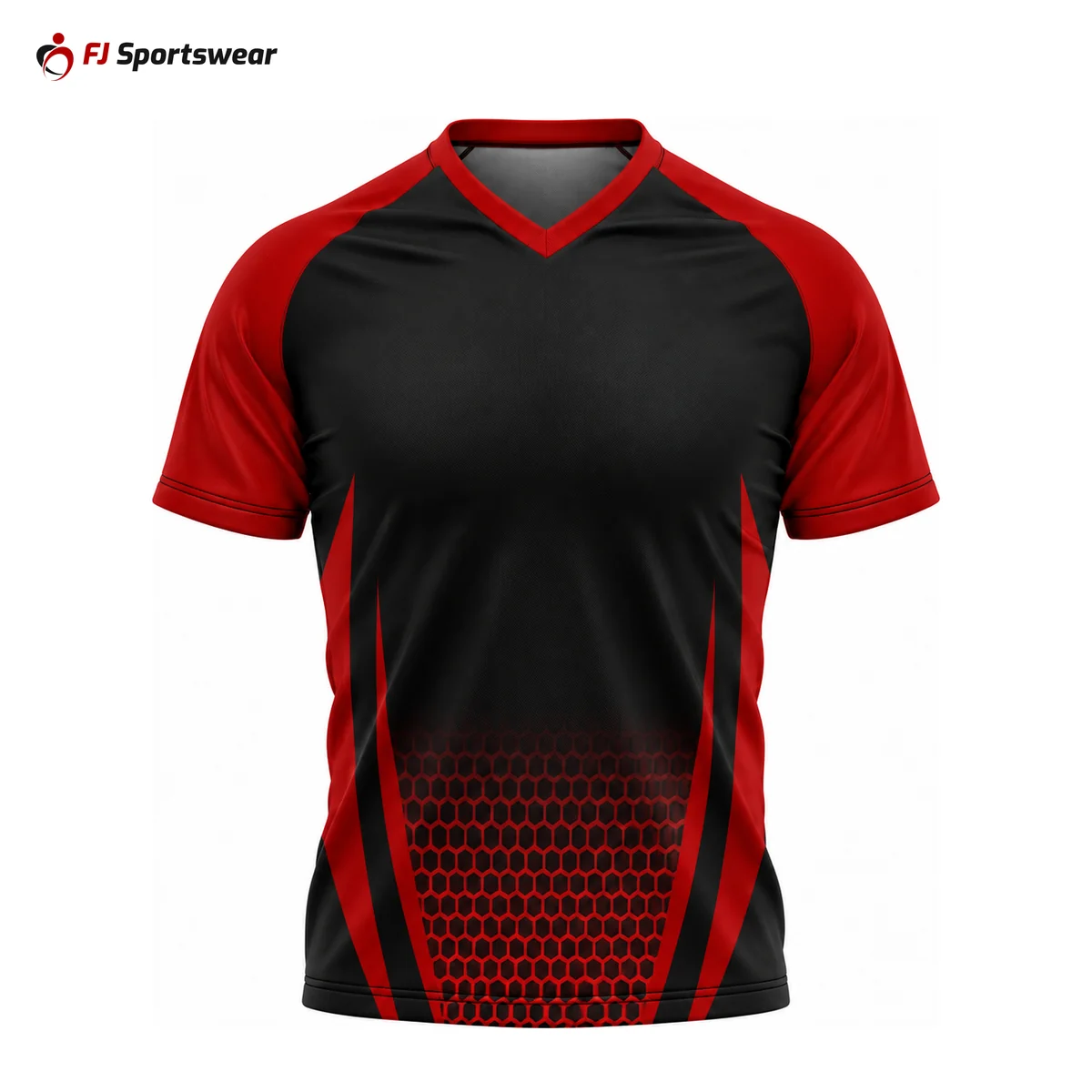 Black and red raglan sleeve V-neck soccer jersey – custom made by FJ Sportswear in Sialkot