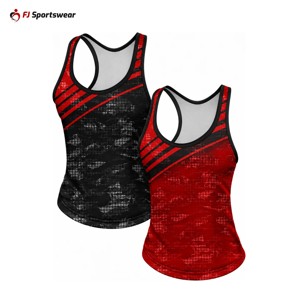 Black and red reversible racerback track tank tops – custom made by FJ Sportswear in Sialkot