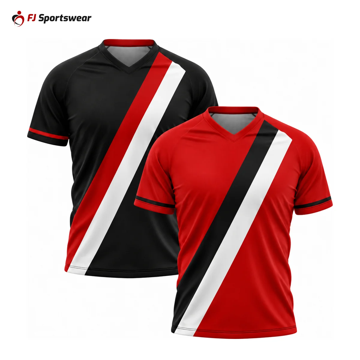 Black and red reversible raglan sleeve V-neck soccer jerseys – custom made by FJ Sportswear in Sialkot
