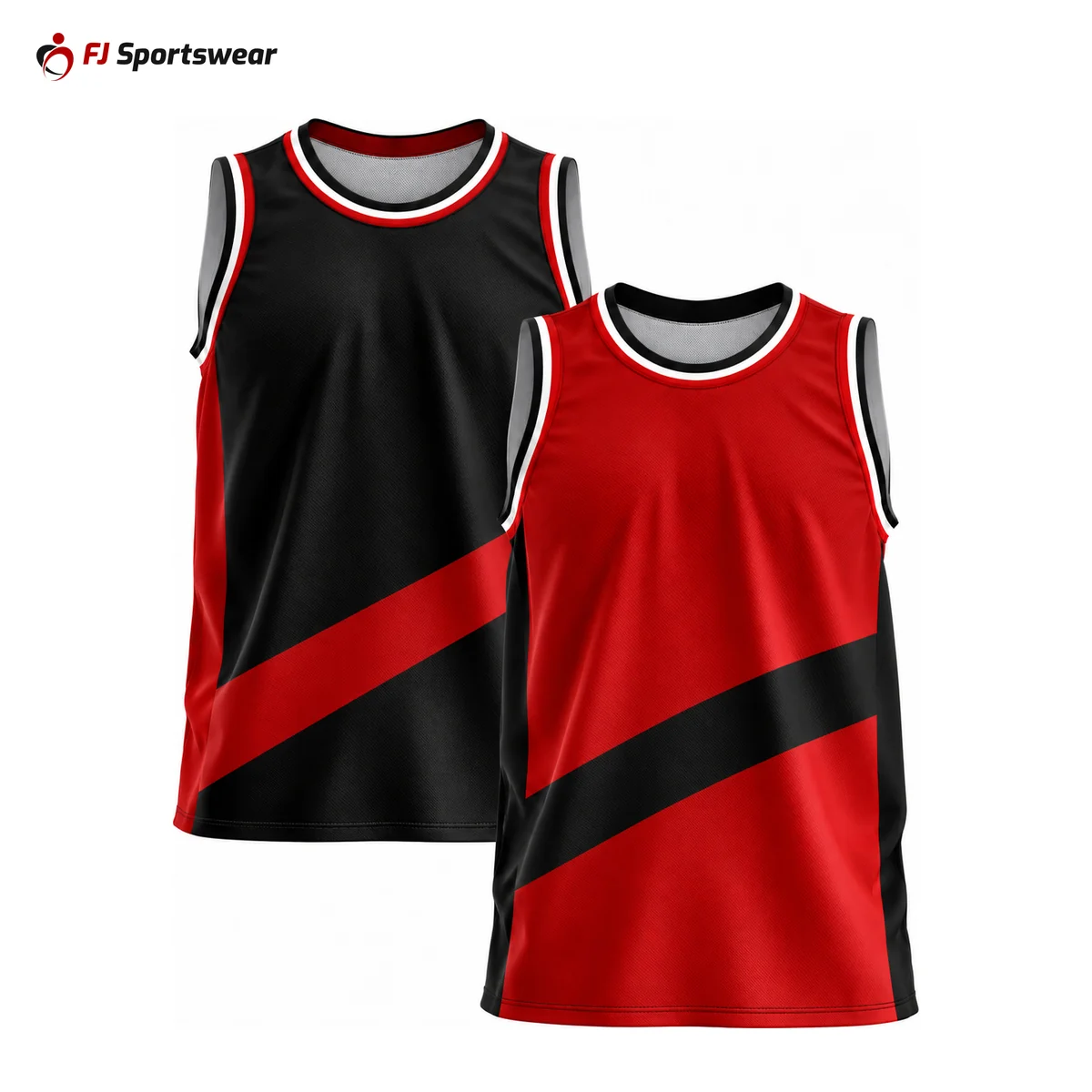 Black and red reversible round neck basketball jerseys – custom made by FJ Sportswear in Sialkot
