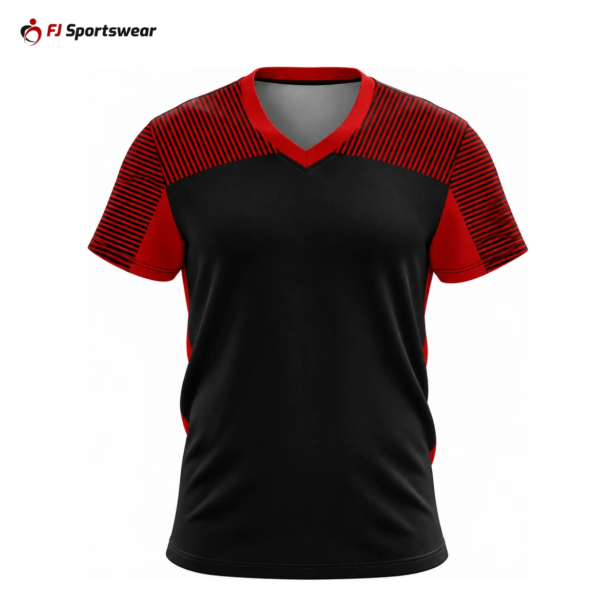 Black and red short sleeve V-neck volleyball jersey – custom made by FJ Sportswear in Sialkot
