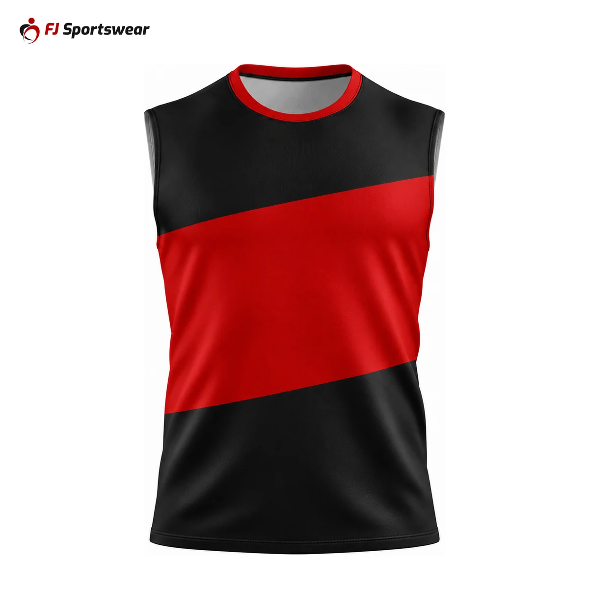 Black and red sleeveless crew neck volleyball jersey – custom made by FJ Sportswear in Sialkot