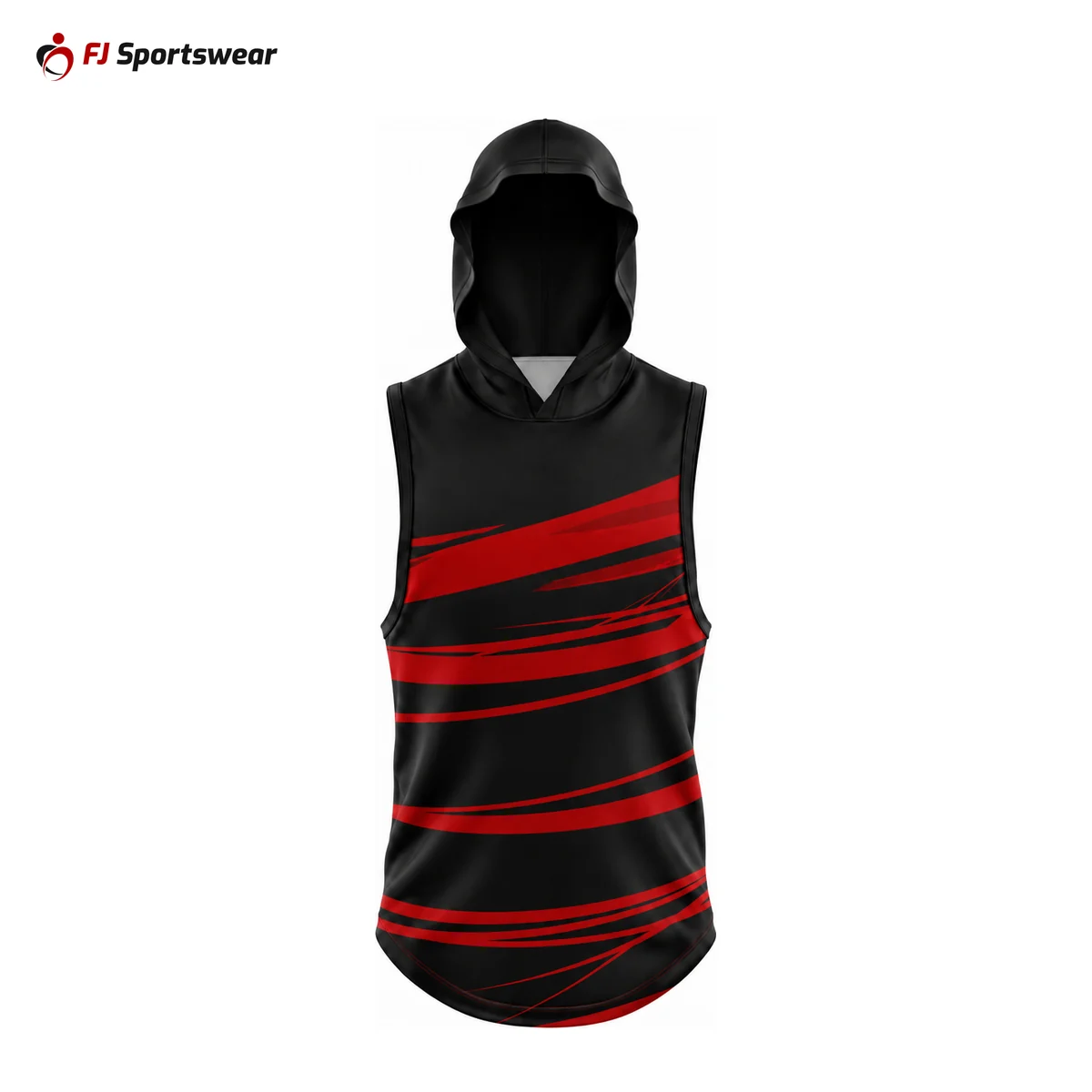 Black and red sleeveless hoodie – custom made by FJ Sportswear in Sialkot