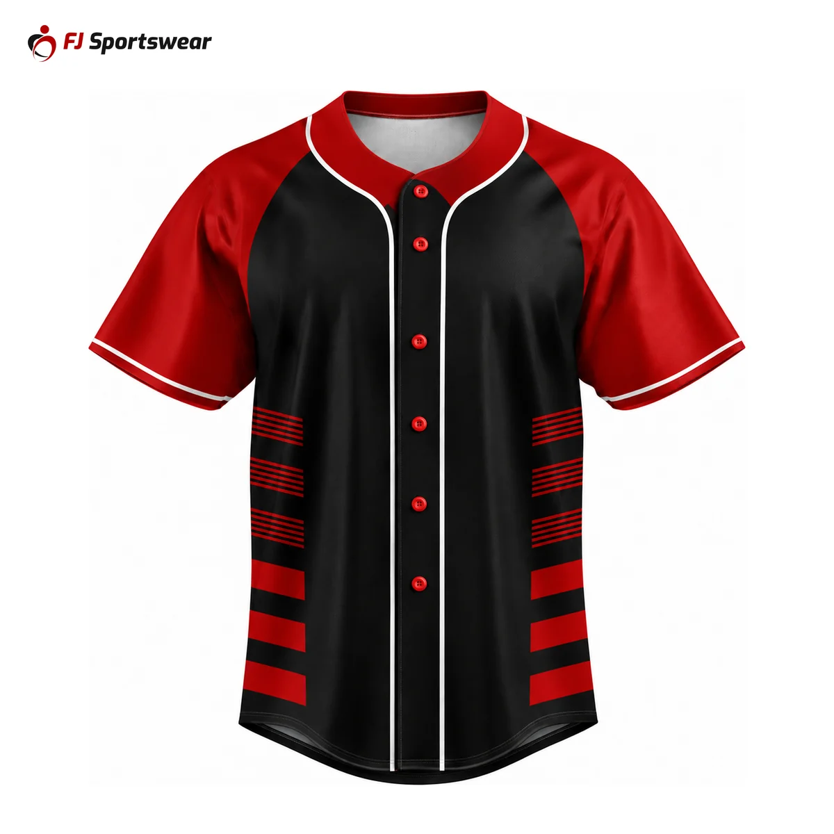 Custom Raglan Sleeve Button-Down Baseball Jerseys Black and red striped raglan sleeve button-down baseball jersey – custom made by FJ Sportswear in Sialkot