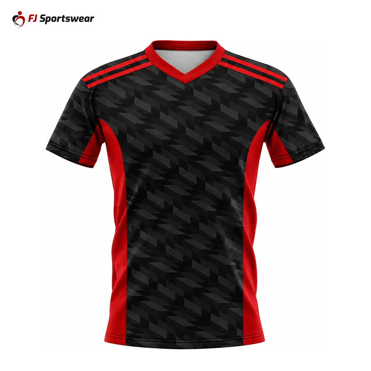 Black and red V-neck soccer jersey – custom made by FJ Sportswear in Sialkot