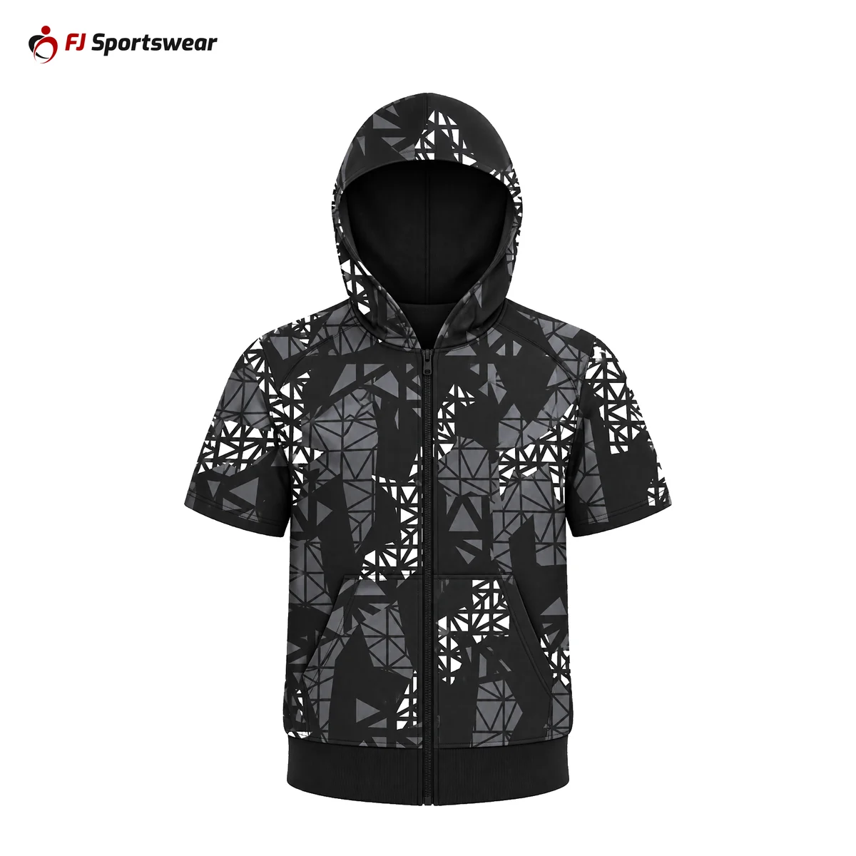 Black and white patterned short sleeve zip-up hoodie – custom made by FJ Sportswear in Sialkot