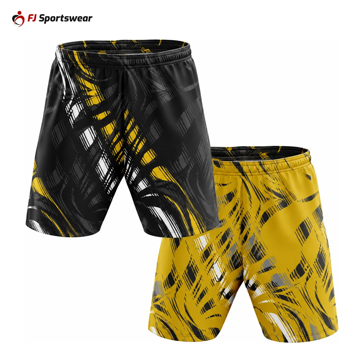 Black and yellow reversible single-ply soccer shorts – custom made by FJ Sportswear in Sialkot
