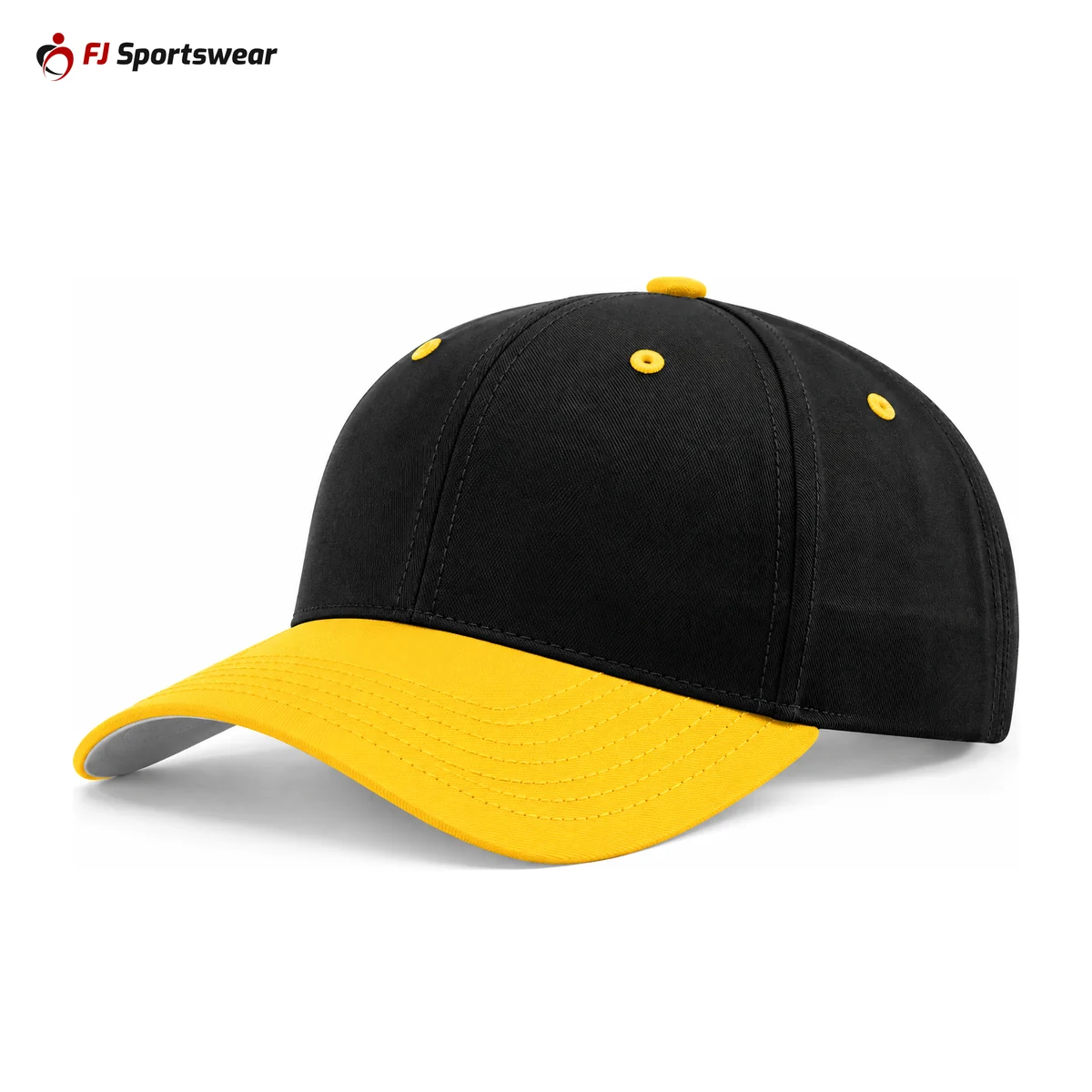 Black and yellow twill snapback cap – custom made by FJ Sportswear in Sialkot