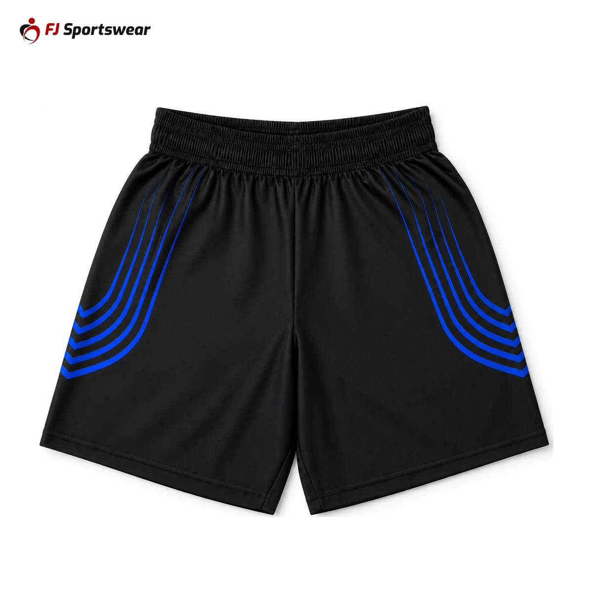 Black athletic shorts with blue stripes – custom made by FJ Sportswear in Sialkot
