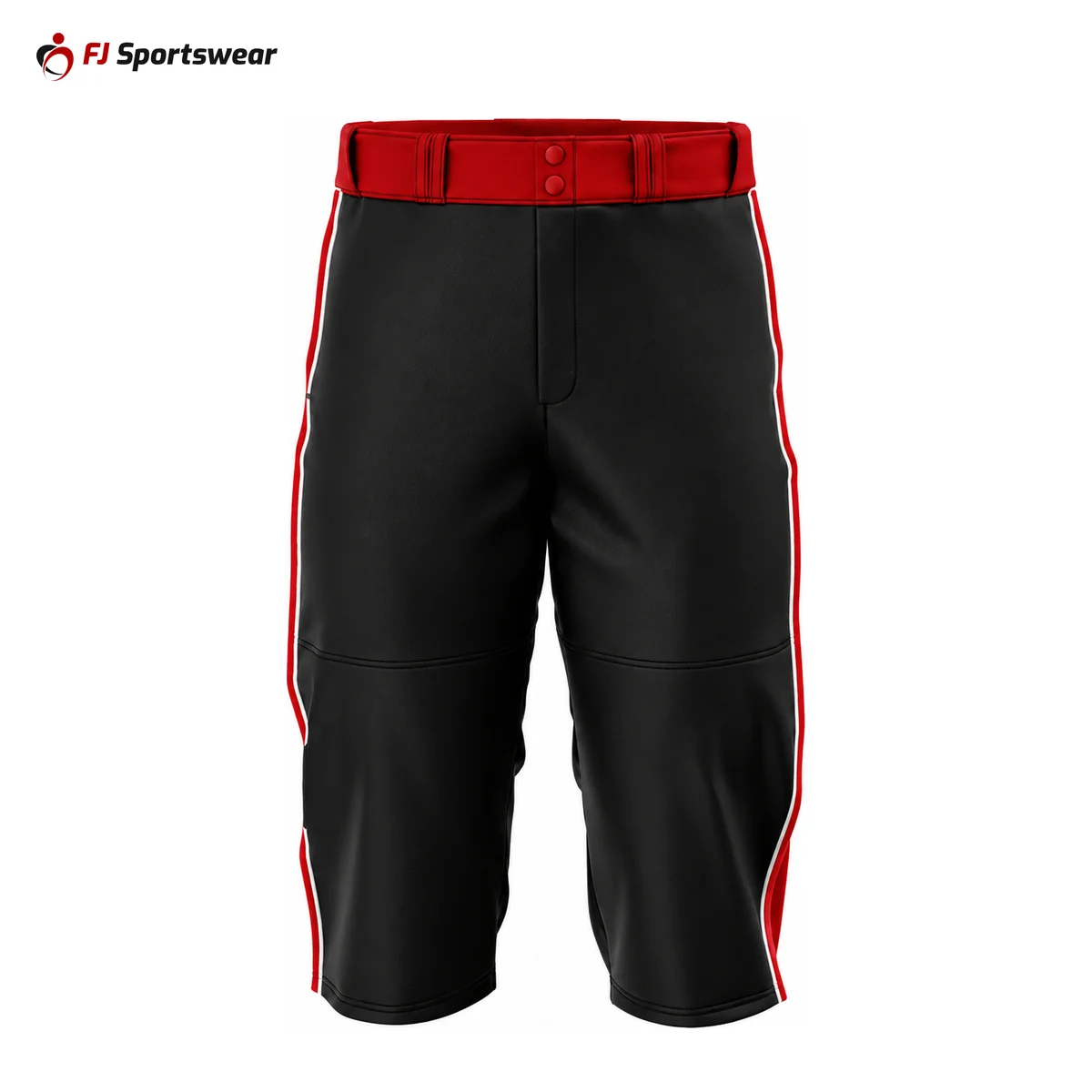 Black baseball knickers with red piping – custom made by FJ Sportswear in Sialkot