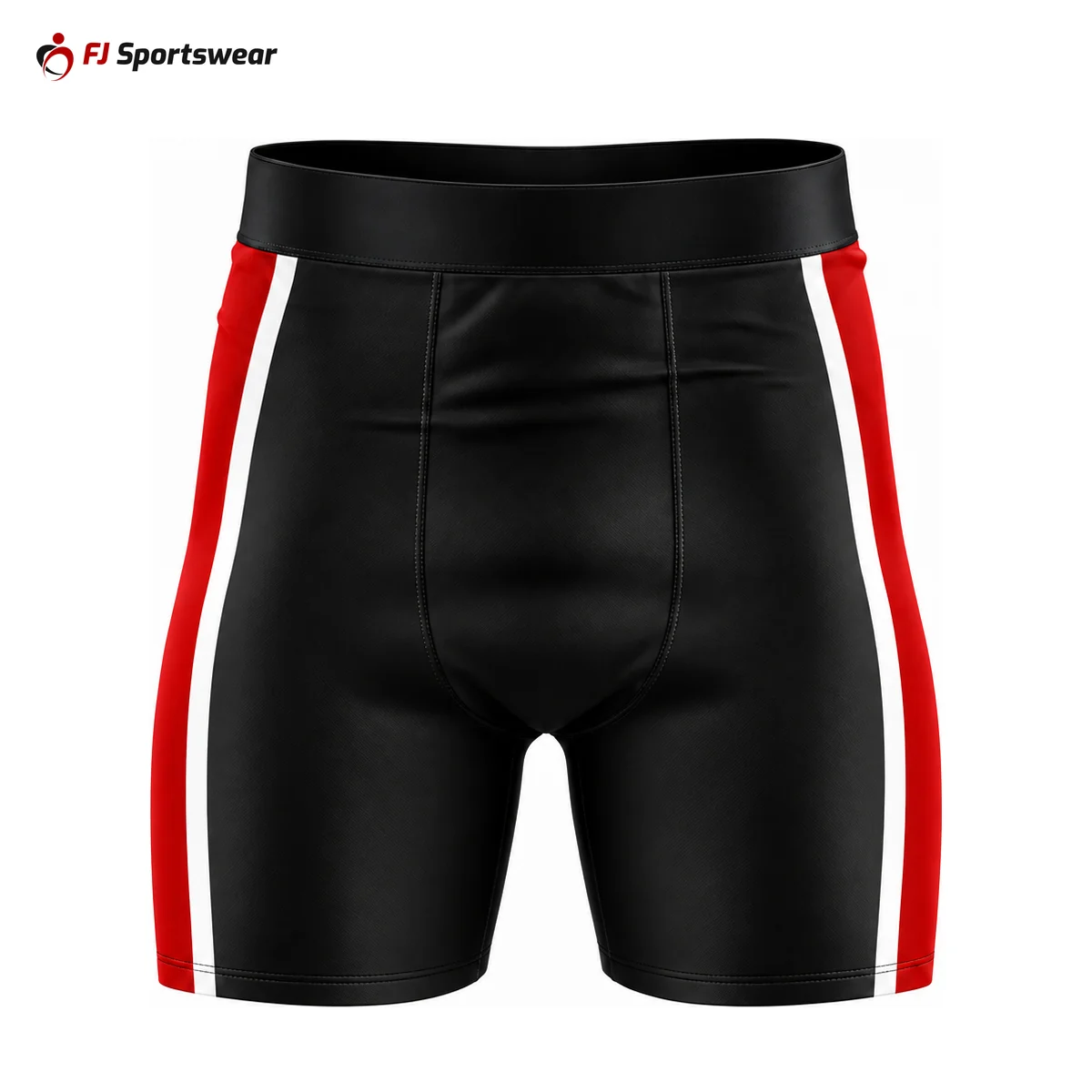 Black compression shorts with red stripes – custom made by FJ Sportswear in Sialkot