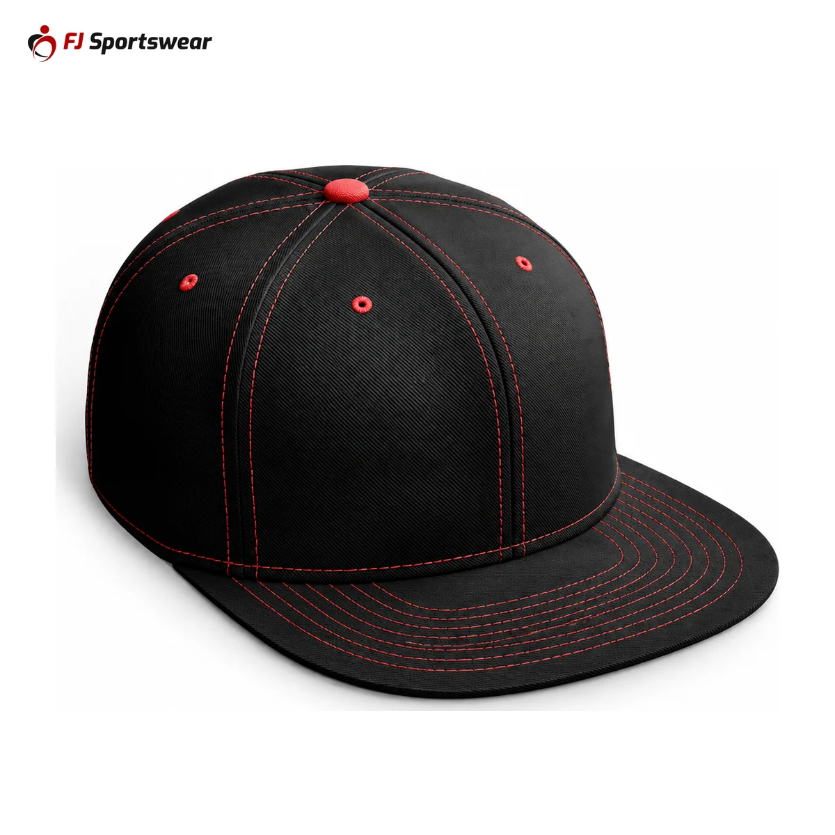 Black flex baseball hat with red brim – custom made by FJ Sportswear in Sialkot