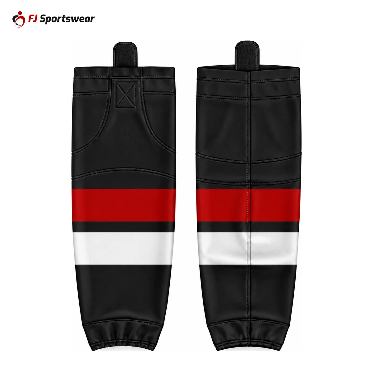 Black hockey socks with red and white stripes – custom made by FJ Sportswear in Sialkot