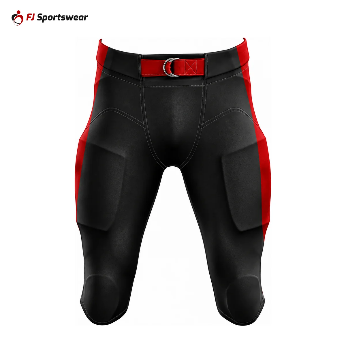 Black integrated football pants with red belt – custom made by FJ Sportswear in Sialkot