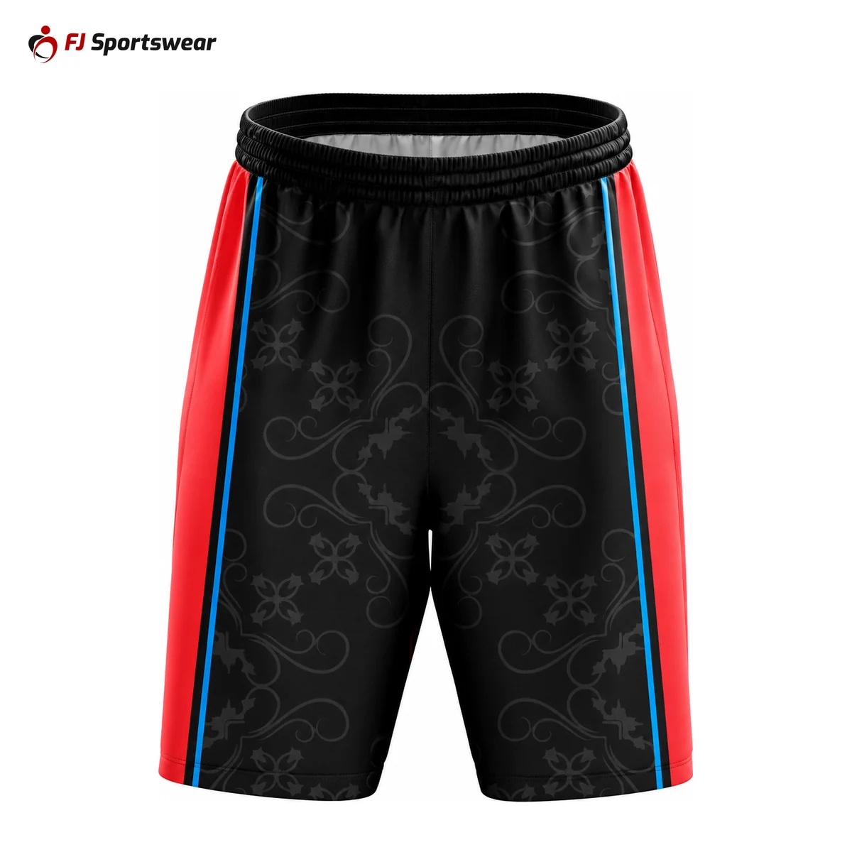 Black lacrosse shorts with red and blue side stripes – custom made by FJ Sportswear in Sialkot