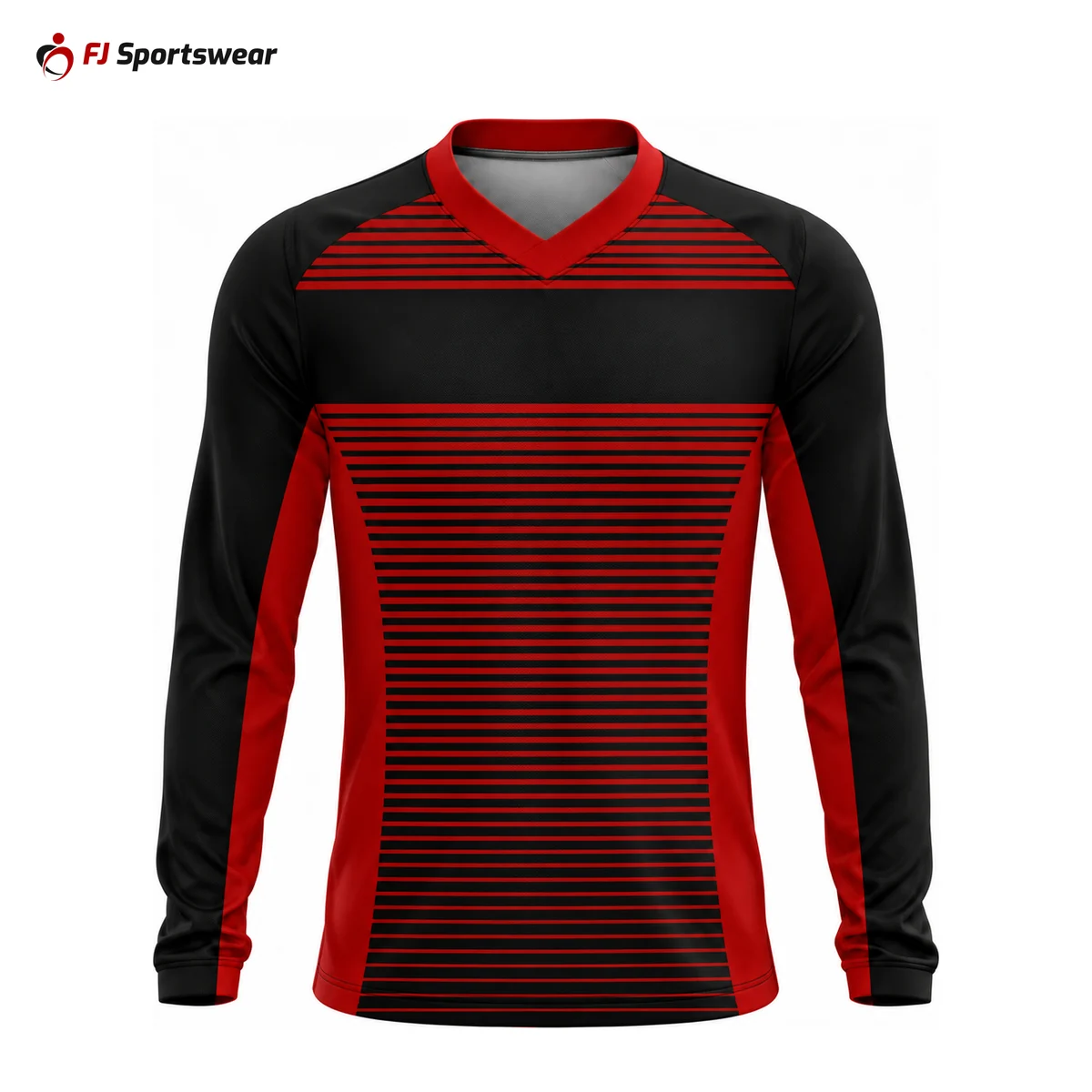 Black long sleeve goalkeeper jersey with red stripes – custom made by FJ Sportswear in Sialkot