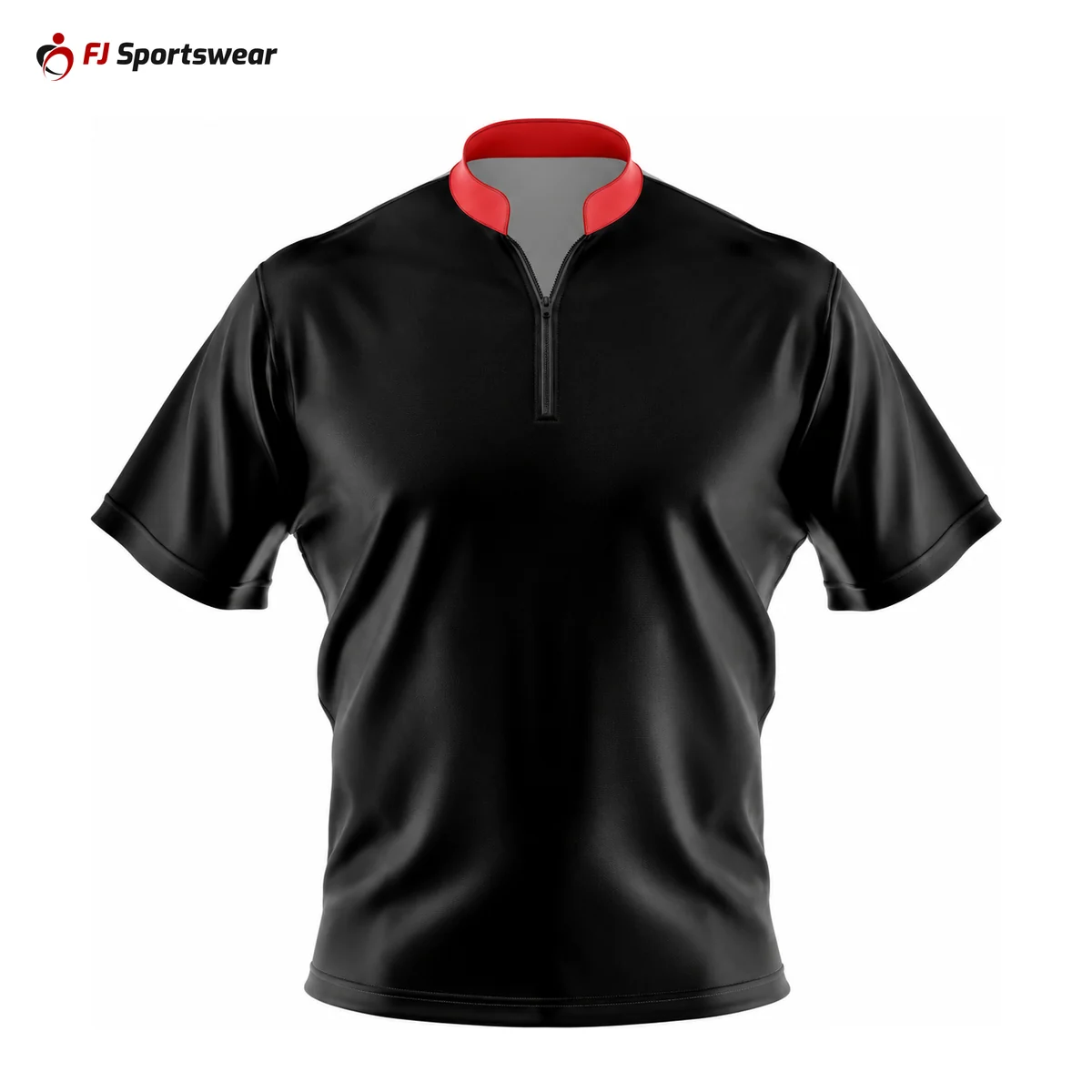 Black quarter-zip bowling shirt with red collar – custom made by FJ Sportswear in Sialkot