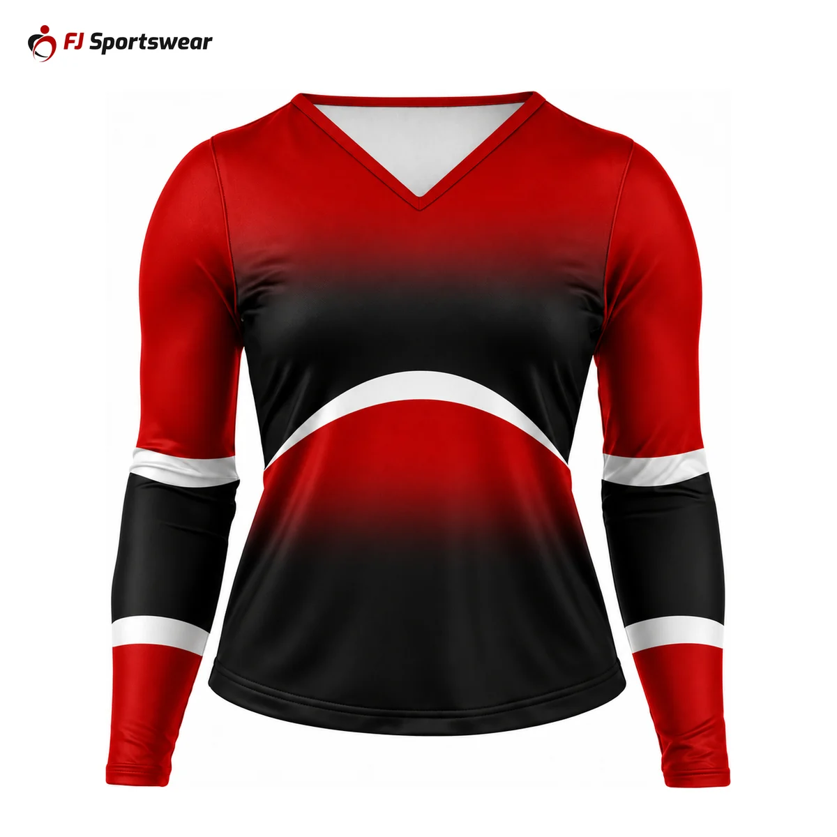 Black, red and white long sleeve V-neck cheer shell – custom made by FJ Sportswear in Sialkot