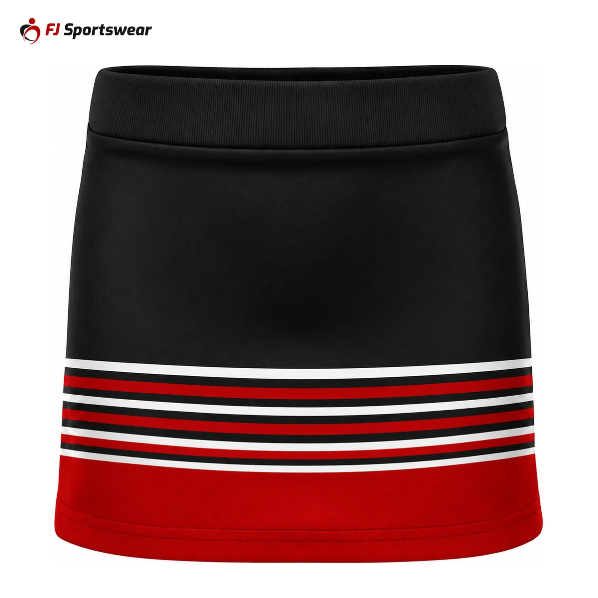 Custom Side Vent Cheer Skorts Black, red and white side vent cheer skort – custom made by FJ Sportswear in Sialkot