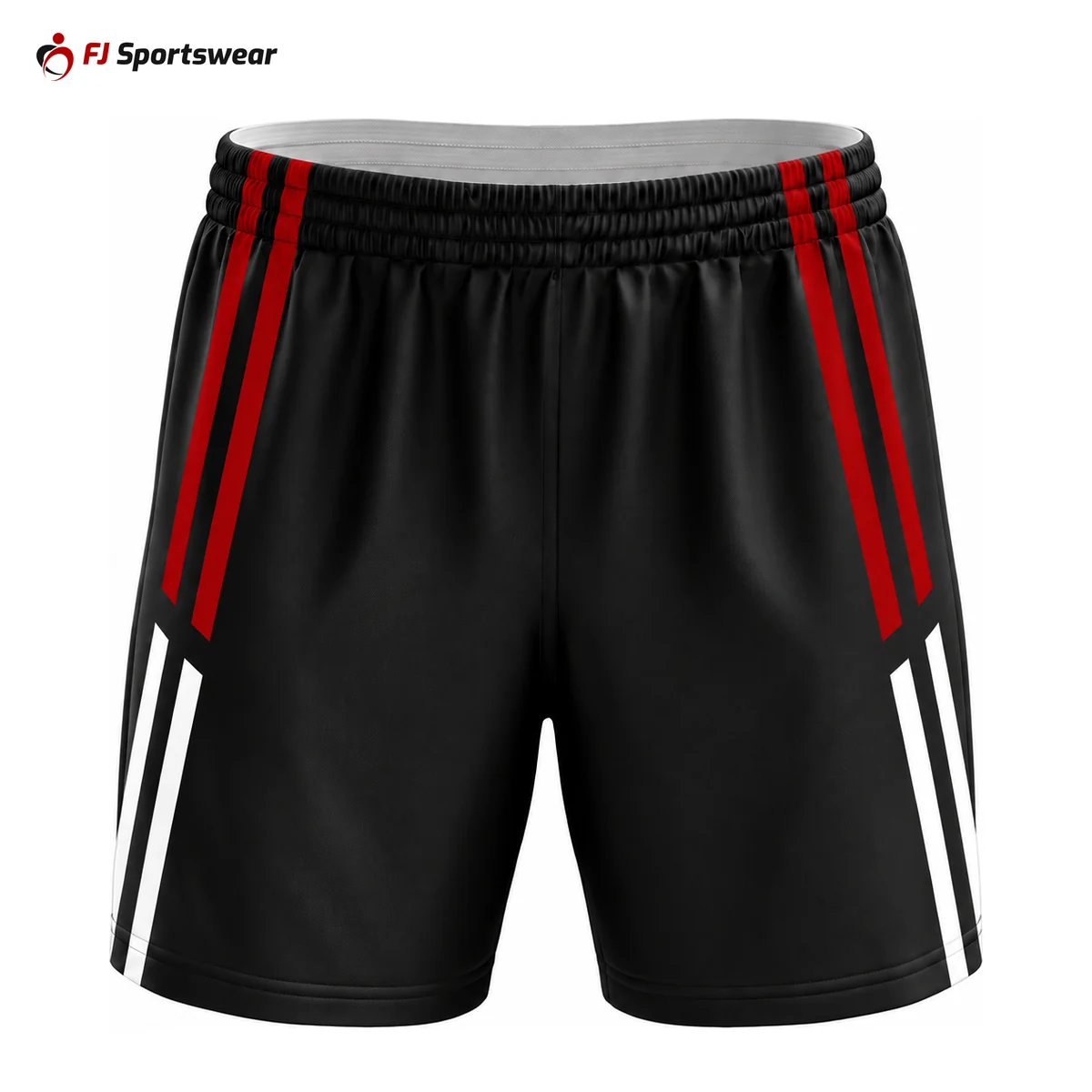 Black volleyball shorts with red and white stripes – custom made by FJ Sportswear in Sialkot