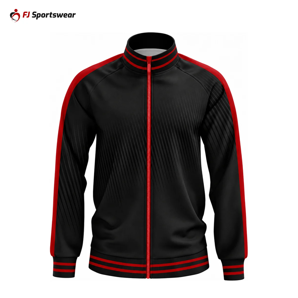 Black warm-up jacket with red trim – custom made by FJ Sportswear in Sialkot