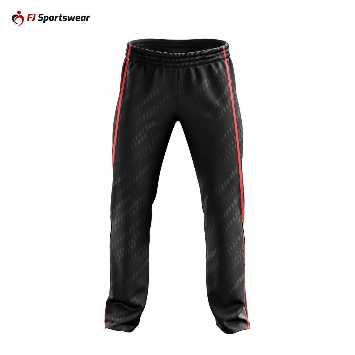 Black warm-up pants with red side stripe – custom made by FJ Sportswear in Sialkot