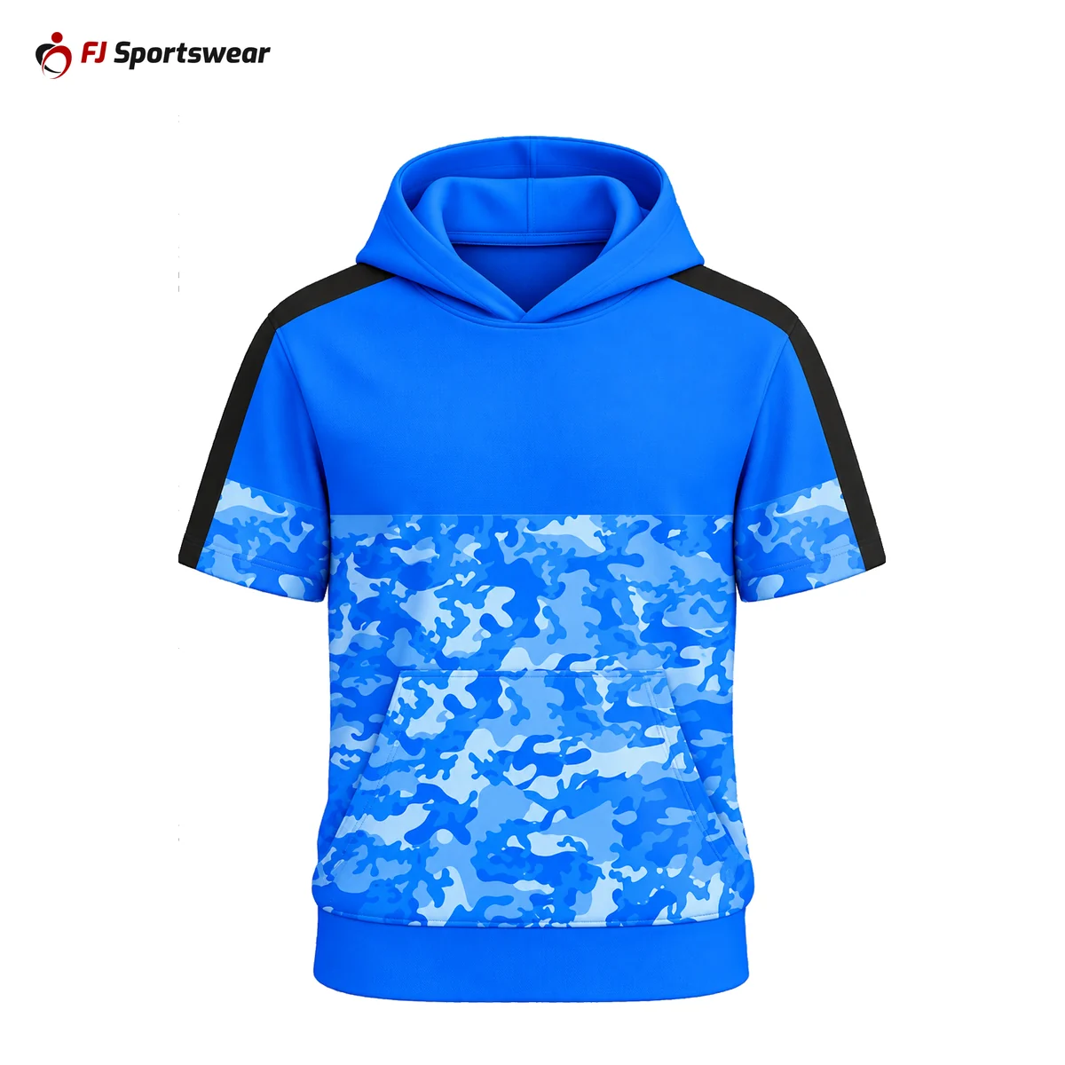 Blue camo short sleeve hoodie – custom made by FJ Sportswear in Sialkot