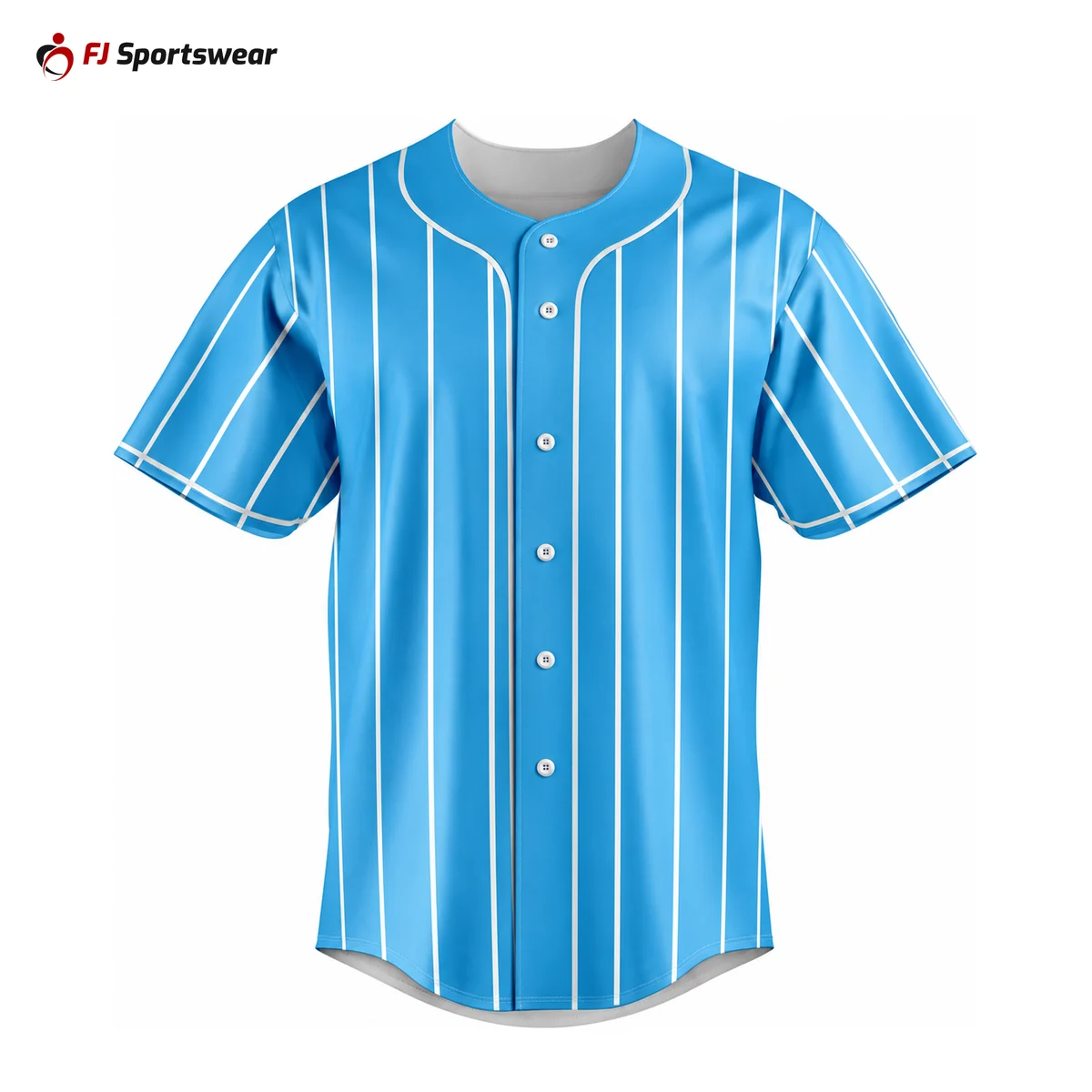 Blue pinstripe full-button baseball jersey – custom made by FJ Sportswear in Sialkot