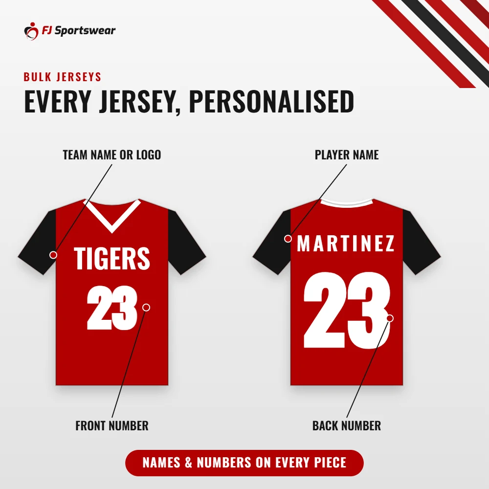 Bulk custom jerseys personalised: team name or logo and front number on the front, player name and back number on the back