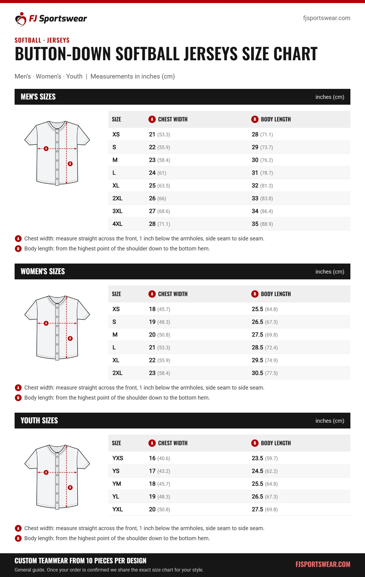 Button-Down Softball Jerseys size chart: men’s, women’s and youth sizes with chest width and body length in inches and cm